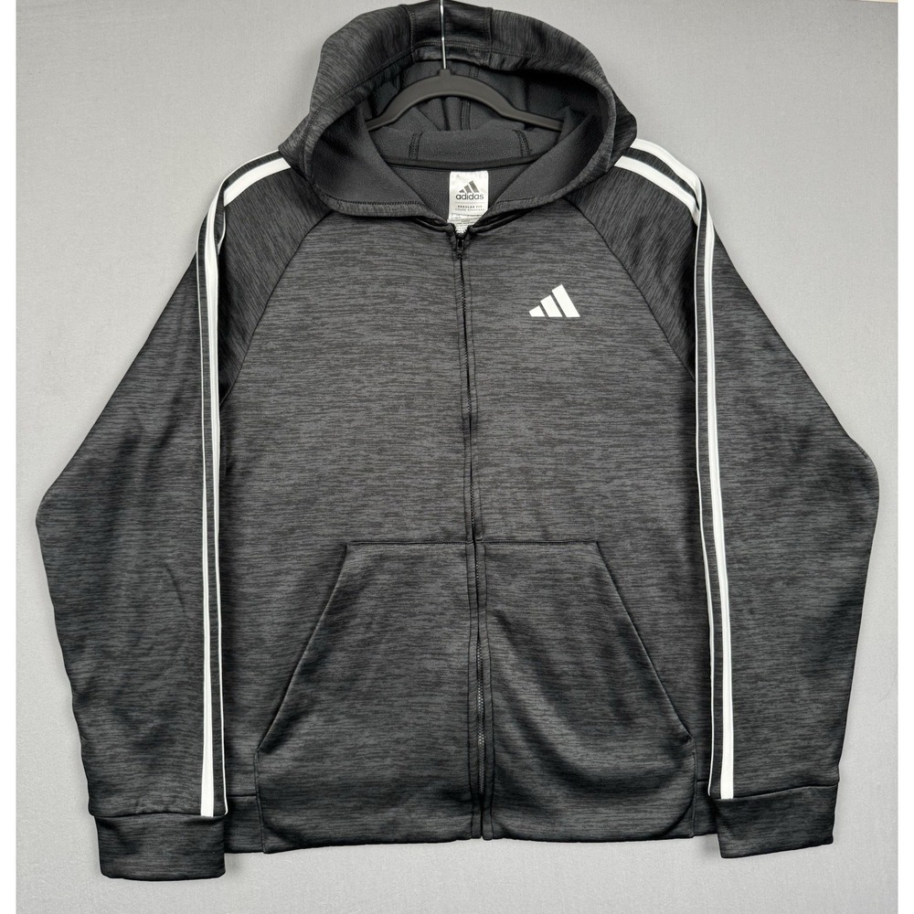 Adidas Gray Full Zip Track Jacket Youth XL 18/20 Hooded 3 Stripes White Soccer